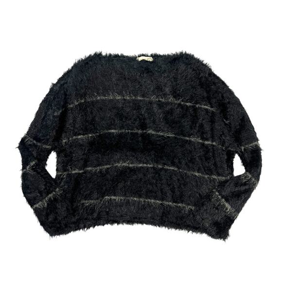 Rusty Eyelash Sweater Black Striped Fuzzy Knit Crew Neck Cropped Women's 10 - Picture 3 of 11